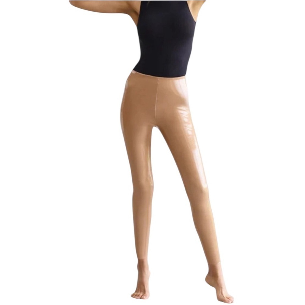 Commando Womens Patent Faux Leather Leggings Beige High Rise SLG01L